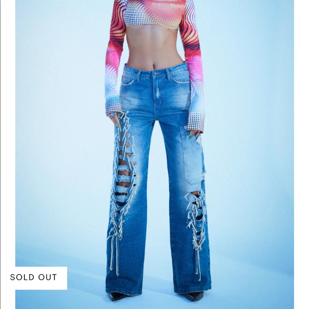 NWT Jaded INDIGO WASH MACRAME LACE UP BAGGY JEANS